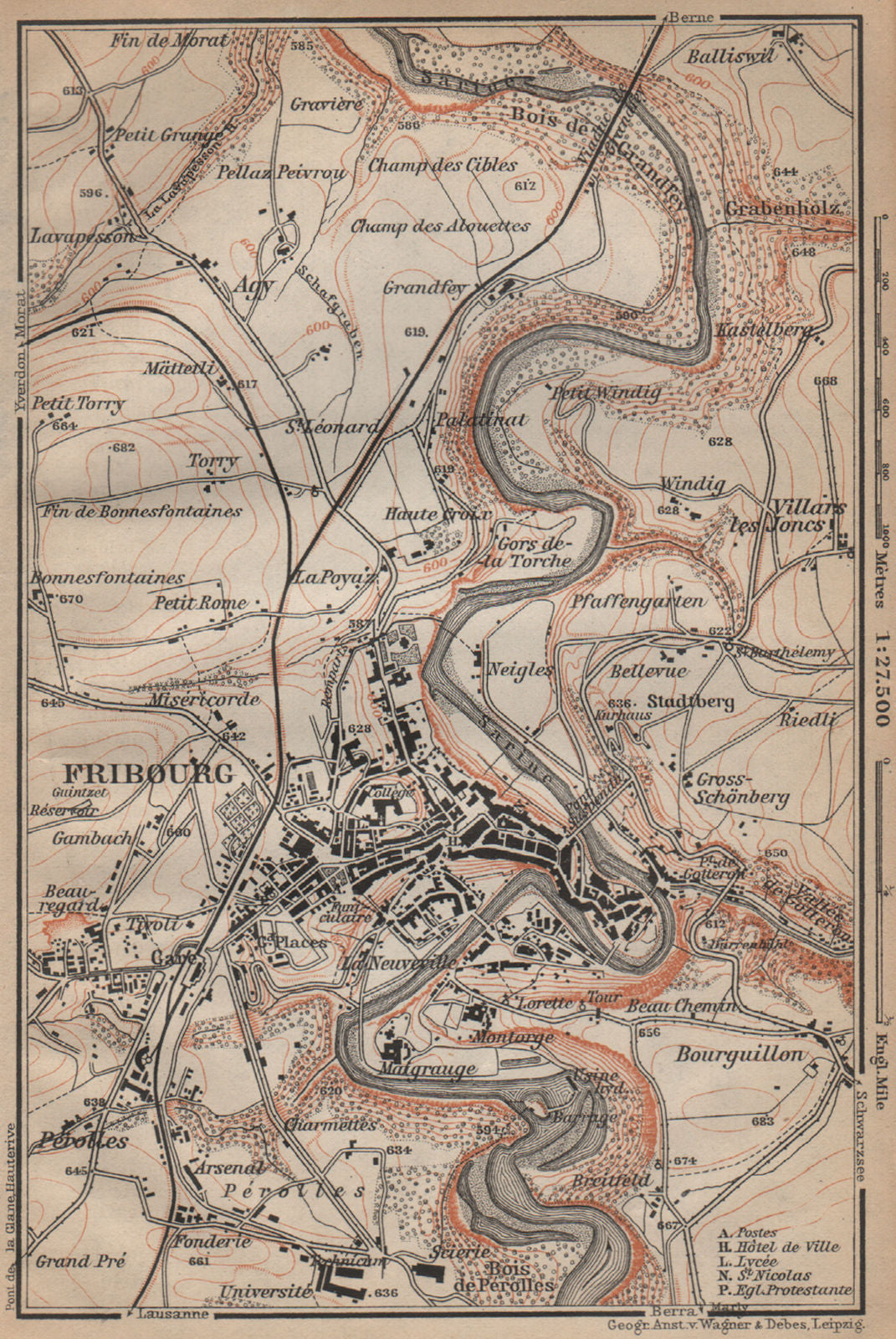 FRIBOURG / FREIBURG ENVIRONS. Switzerland Suisse Schweiz carte karte 1907 map